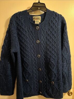 Aran Crafts Ireland Teal Cable Knit 100% Merino Wool Cardigan Sweater